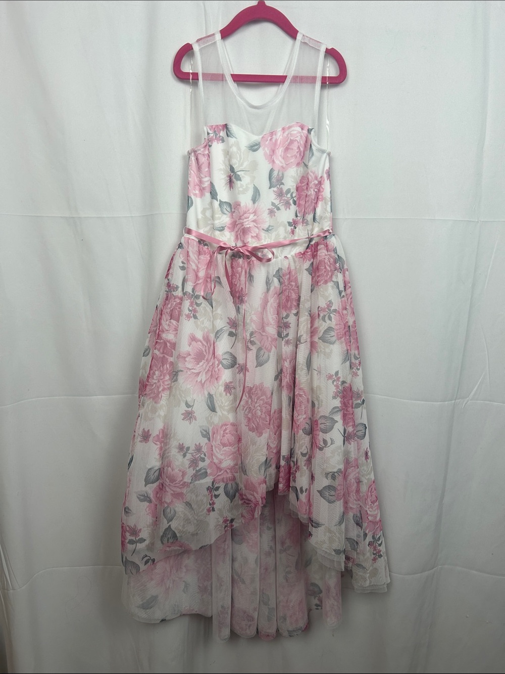 Beautees White and Pink Floral High-Low Party Dress